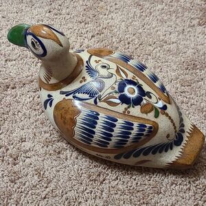 Vtg Ceramic Mexican Pottery Duck Bird Figurine Hand Painted Floral Design
